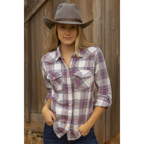 Wrangler Pearl Snap teal and burgundy plaid women's long sleeve size M - Picture 1 of 5